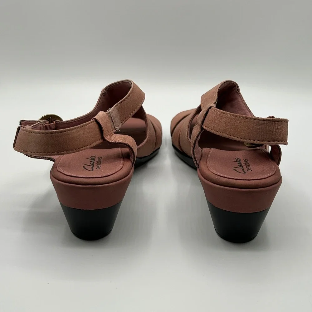 Clarks Bendables Dusty Rose Leather Ruched Wedge Slingback Sandals 9M Minimalist
